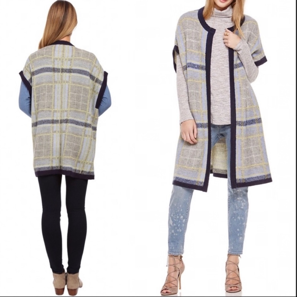 Two by Vince Camuto Mohair Wool Open Vest Plaid Cardigan Small